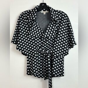 Fever Women’s Black & White Polka Dot Wrap Top Bat Sleeve Bow Tie Jacket Sz S